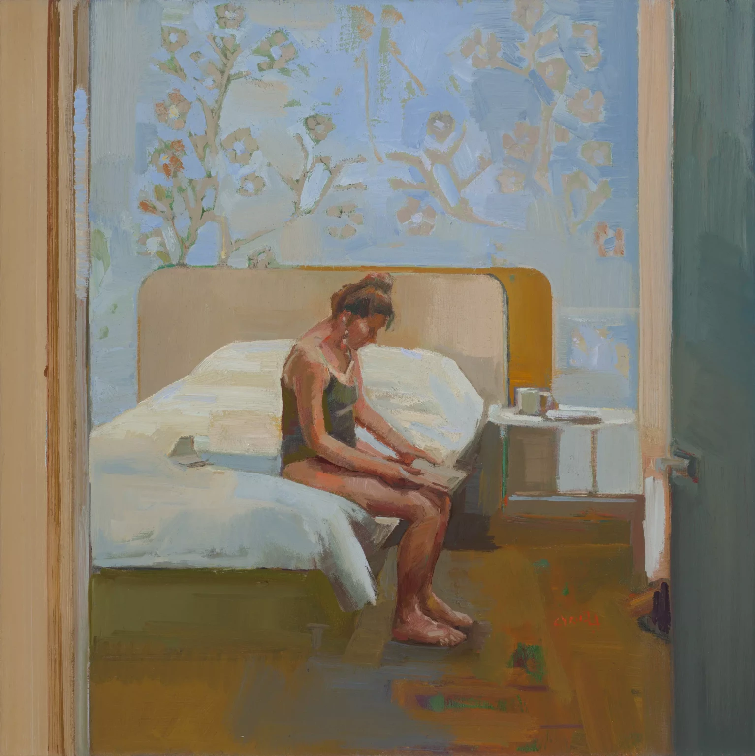 After Hopper with blue wallpaper and flower motif 40 x 40cm oil on linen